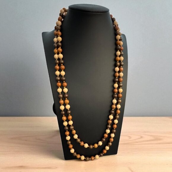 Vintage Wooden Beads Very Long Necklace 3 Tones 55 inches - Picture 1 of 9